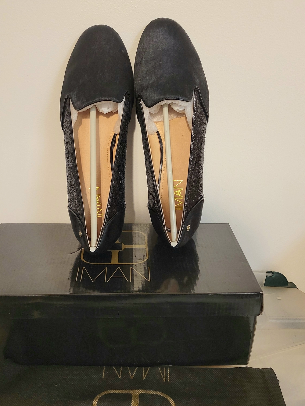 IMAN Black Calf Hair Leather Flats | Glitter Side Detail Wide Width Size 10 - Picture 6 of 6